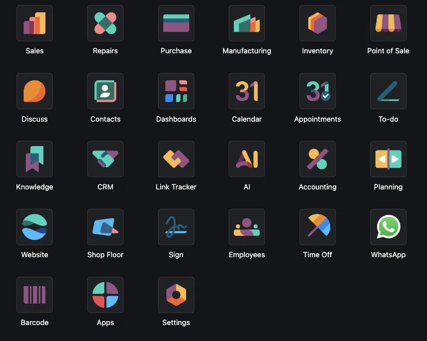 Écran d'accueil d'Odoo montrant les applications installées : ventes, achats, fabrication, inventaire, caisse, comptabilité et d'autres.