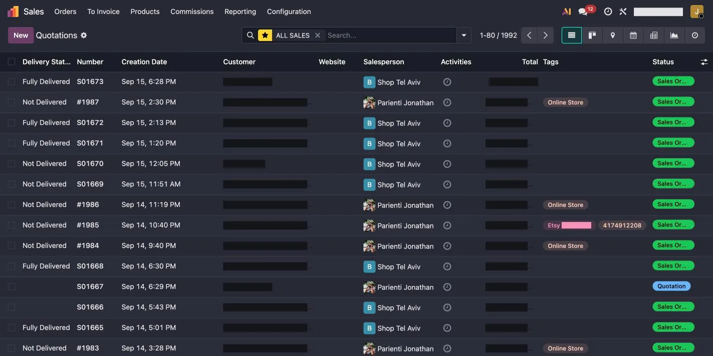 Liste des commandes dans Odoo : des numéros de boutique et des numéros Shopify dans le même tableau, avec une colonne indiquant le canal de vente.