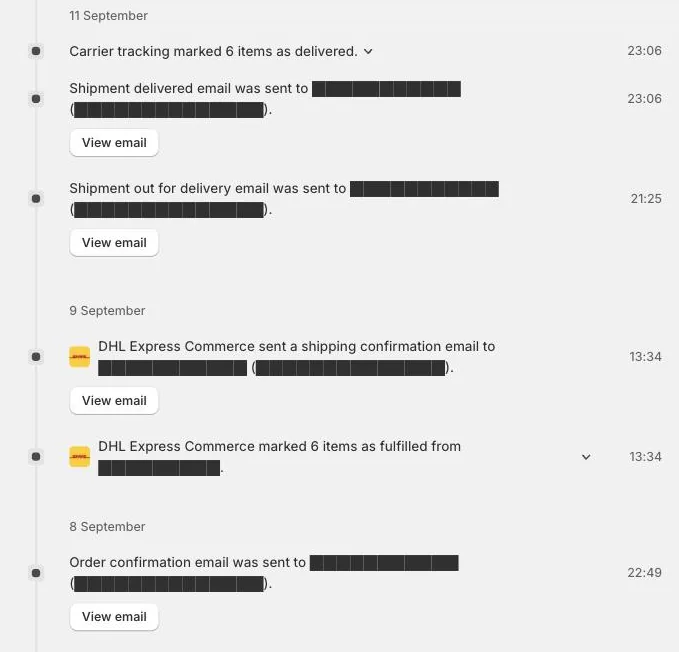 Chronologie d'une commande dans Shopify : confirmation, préparation par le transporteur, e-mails d'expédition, de mise en livraison et de livraison.